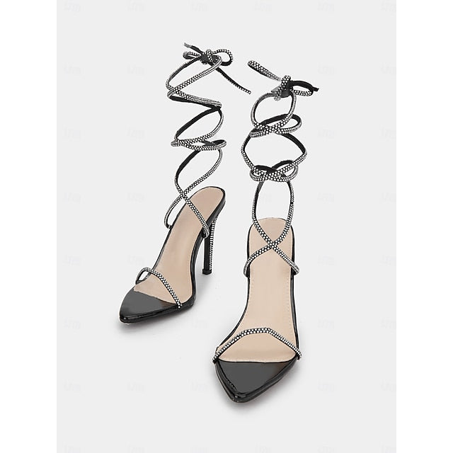 Sexy Sandals Women's Stiletto Lace-Up – Rhinestone Black