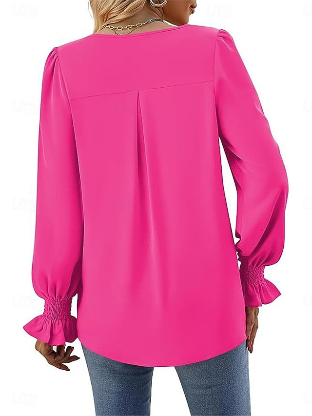 Women's Shirt Blouse Solid Color Basic Casual Long Sleeve V