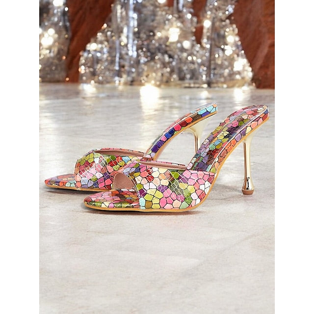 Heels Colorful Print Women for – Multicolor Mosaic Mules High