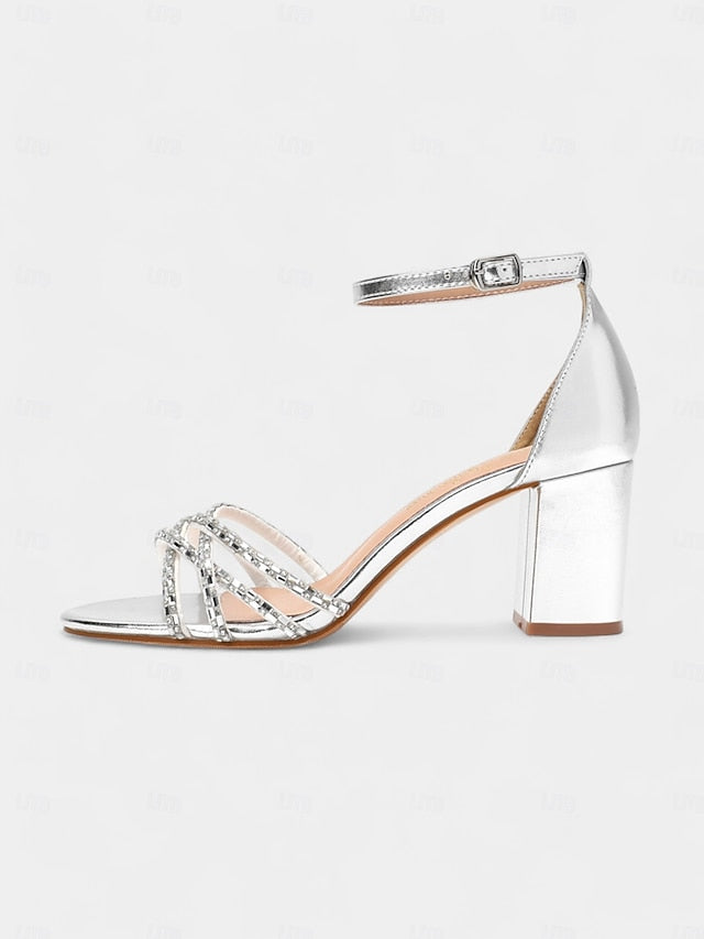 Heel Silver Block Metallic Sandals Strappy with Rhinestone