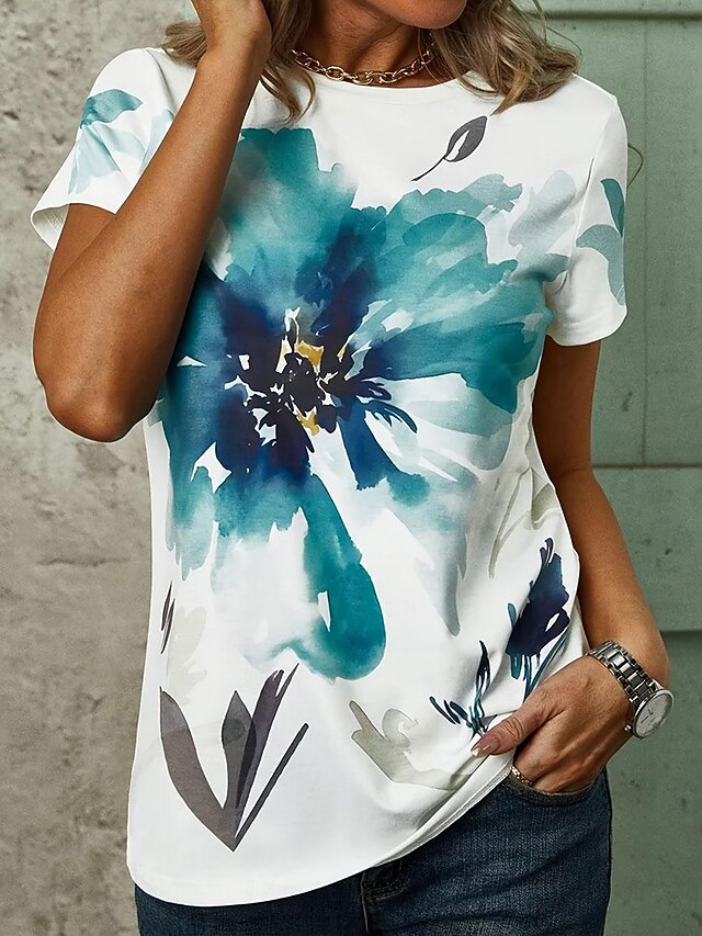Women's T-shirt Floral Print V-Neck Short Sleeve Casual Top