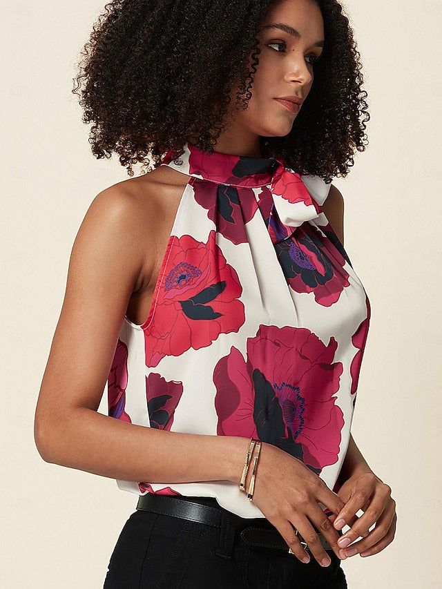 Women's Floral Print Halter Top Shirt Tank Top Casual Stain