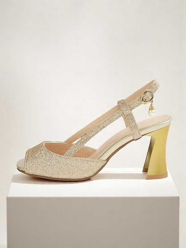 Sparkly Women's - Slingback Gold Glitter Heels Open-Toe