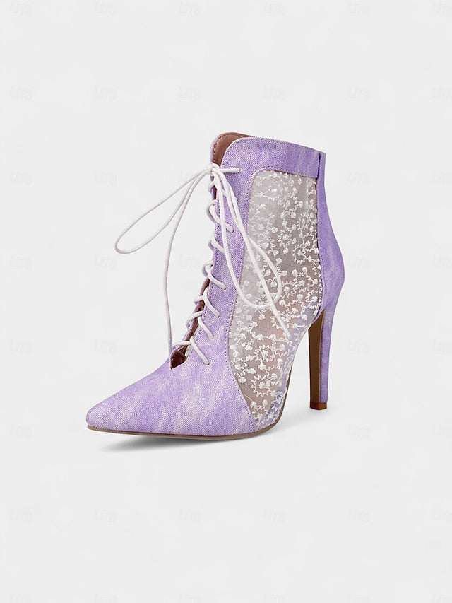 Heels Women's Stiletto Booties Mesh with White Lace Ankle