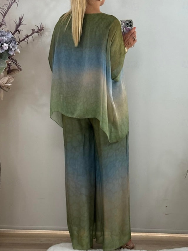 Women's Pants Sets 3/4 Length Sleeve Crew Neck Gradient