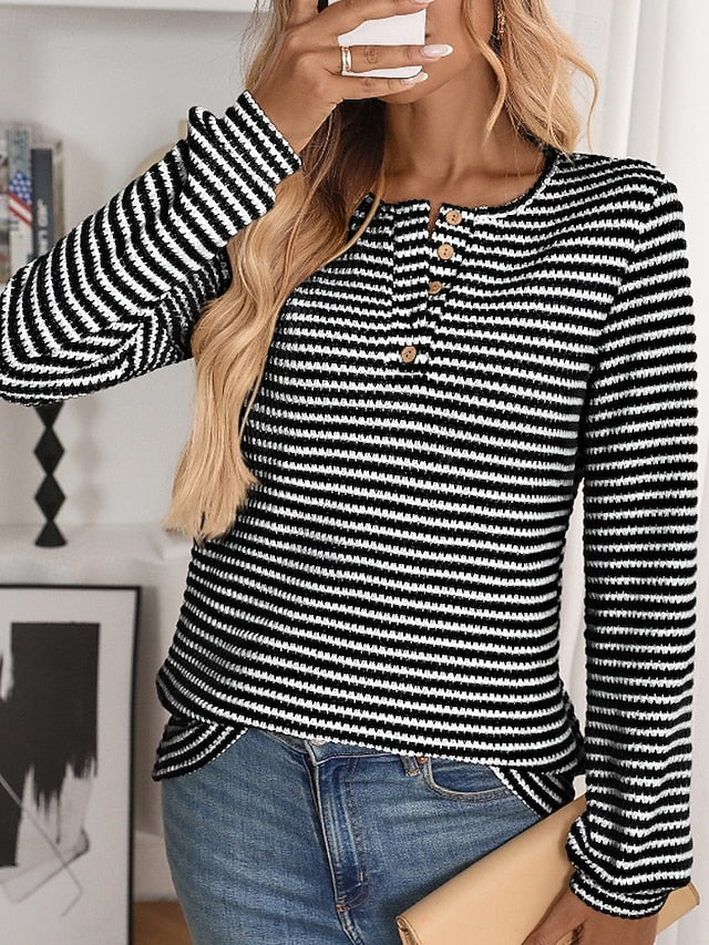 Women's T Shirt Buttons Striped Classic Casual Long Sleeve