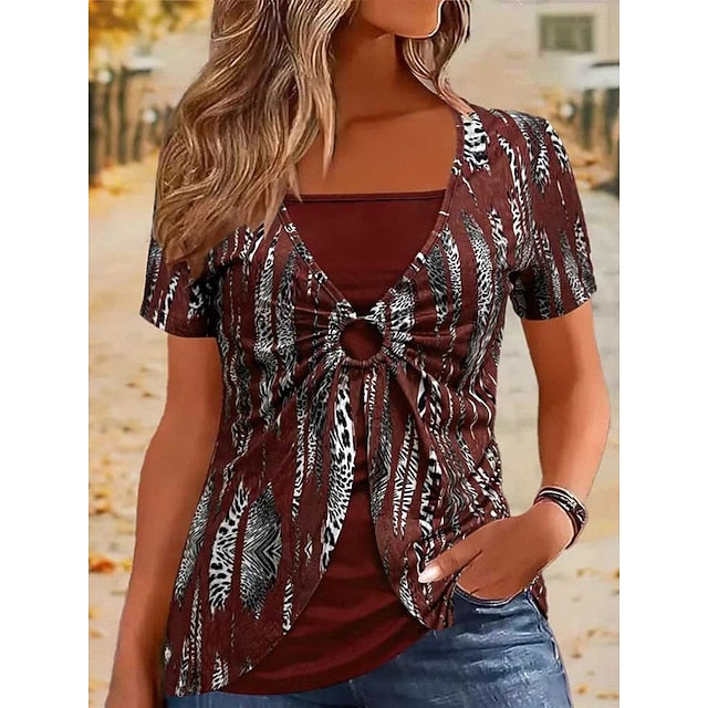 Women's T Shirt Tee Top Patchwork Print Color Block Fashion