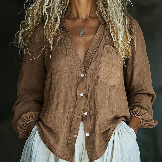 Women's Linen Shirt Summer Shirt Button Up Shirt Solid