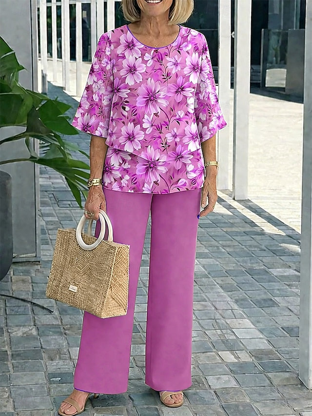 Women's Pants Sets 3/4 Length Sleeve Round Neck Floral