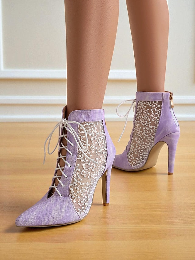 Heels Women's Stiletto Booties Mesh with White Lace Ankle