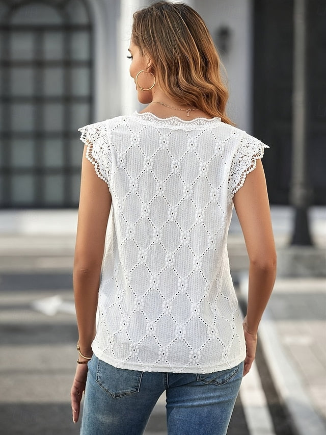 Women's T Shirt Lace Patchwork Eyelet Plain Fashion Stylish