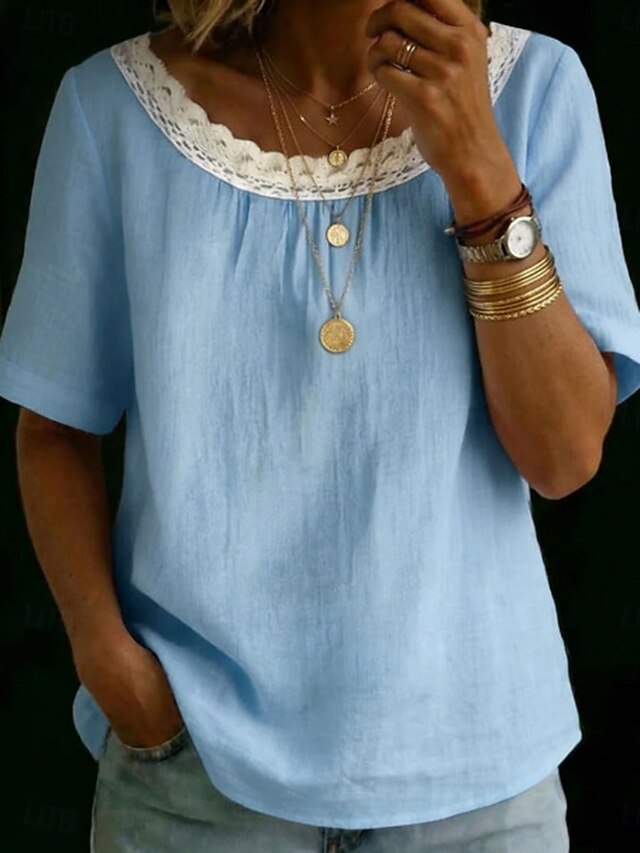 Women's Lace Shirt T Shirt Tee Top Patchwork Lace Trim