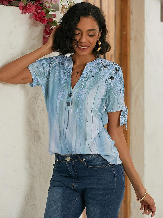 Women's T shirt Tee Graphic Print V Neck Tie Short Sleeve