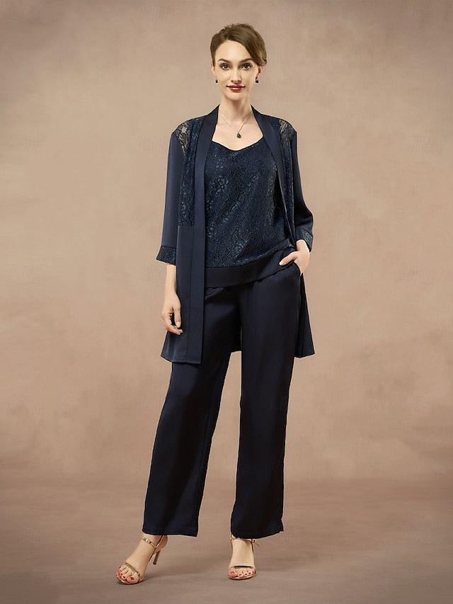 3 Piece Mother of the Bride Pantsuit Metalic Floral Lace