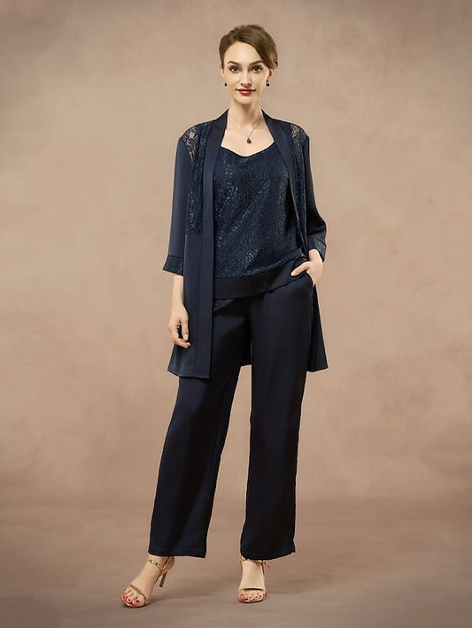3 Piece Mother of the Bride Pantsuit Metalic Floral Lace