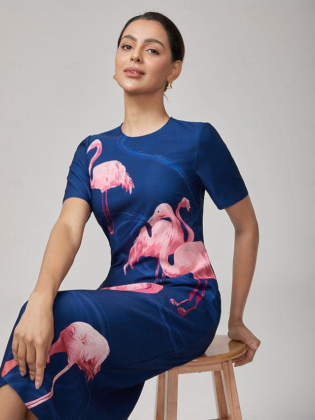 Women's Casual Dress Royal Blue Short Sleeve Flamingo