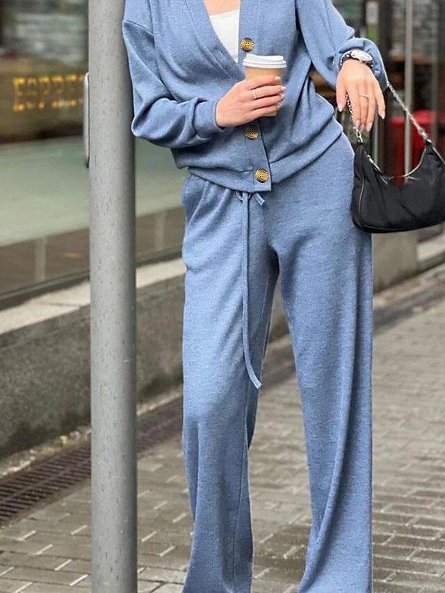 Women's Blouse Pants Sets Long Sleeve V Neck Solid Color
