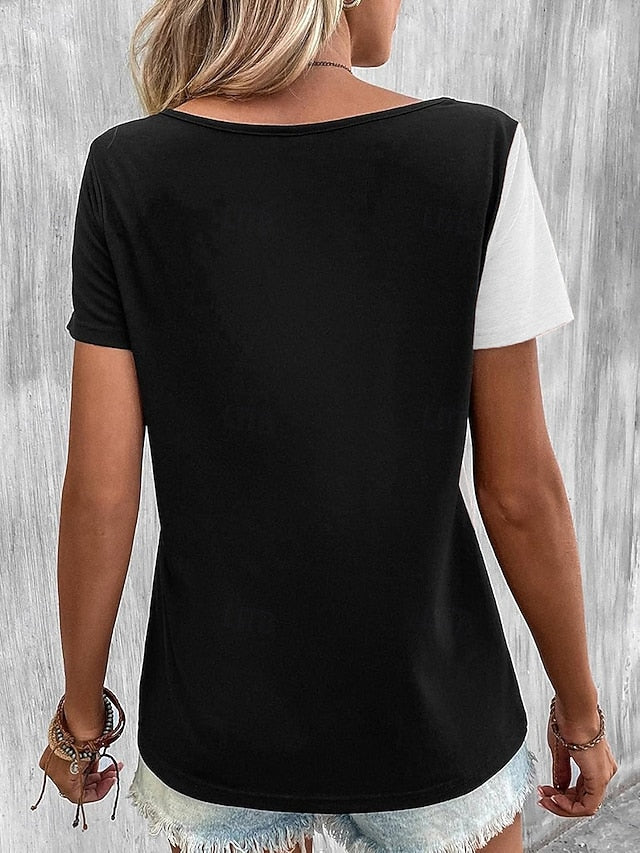 Women's T Shirt Buttons Casual Short Sleeve Asymmetric Neck