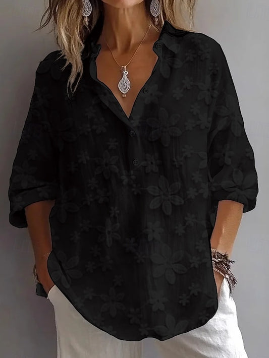 Women's Blouse Embroidered Buttons Plain Casual 3/4 Length