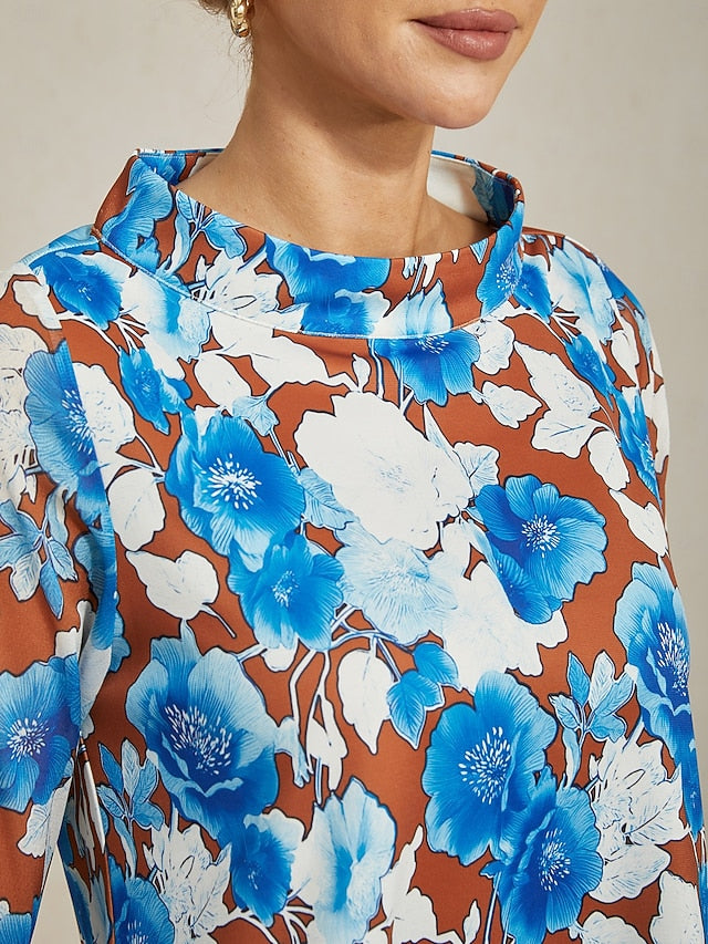 Women's Blouse Twisted Roman Chiffon Splice Blue Floral