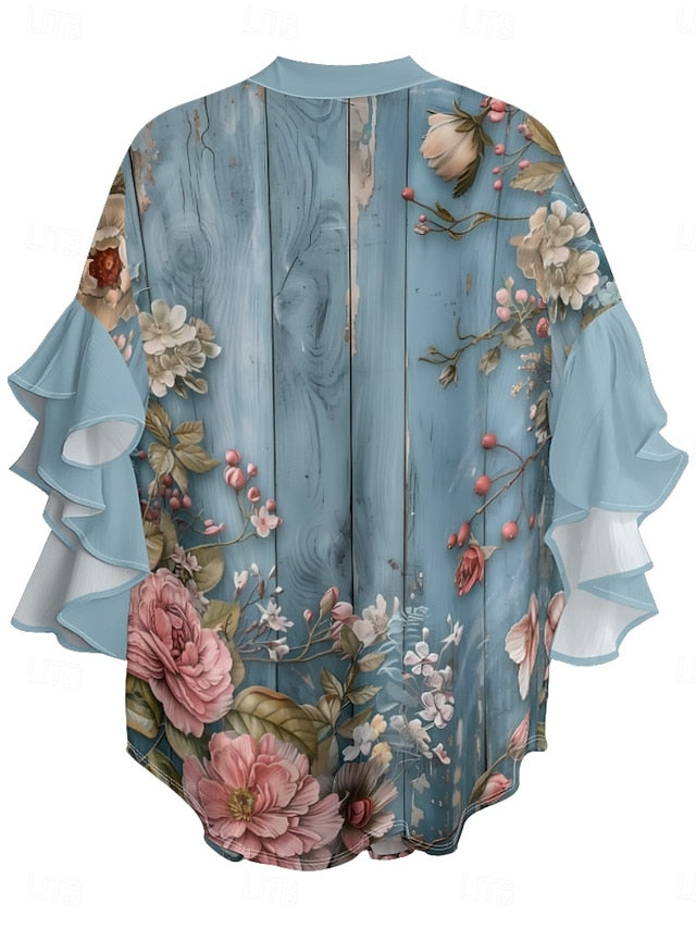 Women's Blouse Ruffle Print Floral Stylish Modern 3/4