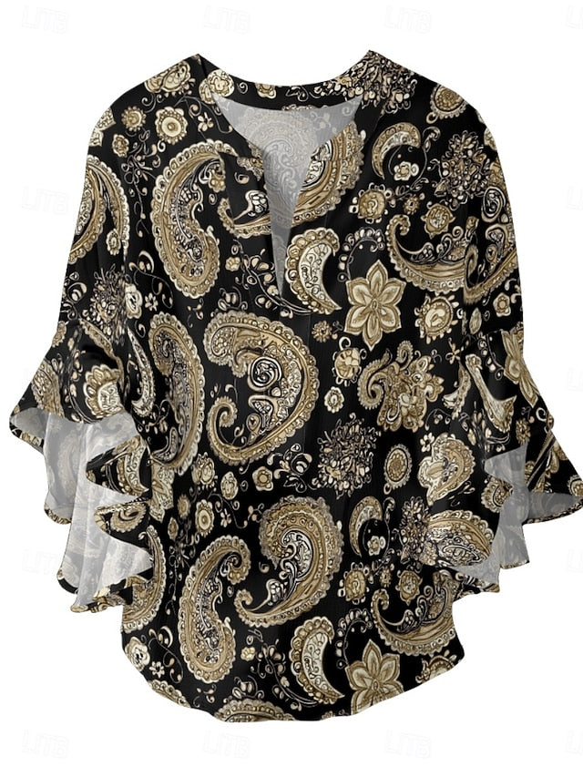 Women's Blouse Ruffle Print Paisley Ethnic Retro Vintage