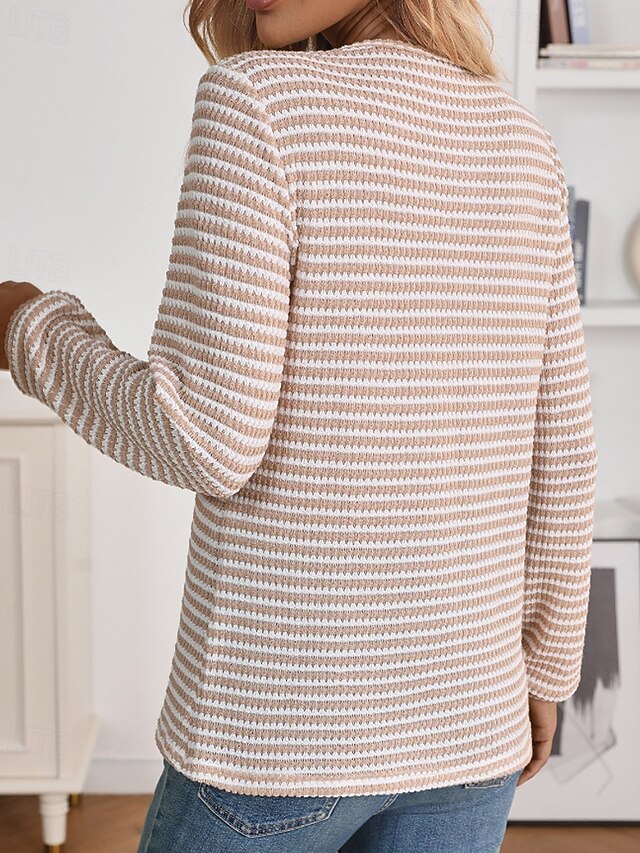 Women's T Shirt Buttons Striped Classic Casual Long Sleeve