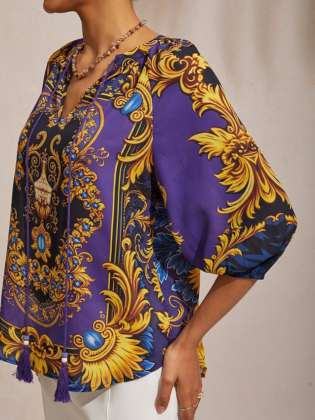 Midnight Blue Baroque Chiffon 3/4 Sleeves Top