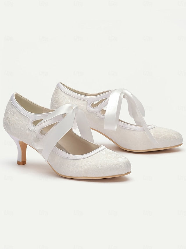 Pumps - Lace Bridal with Satin Elegant Ribbon Vintage White Ties