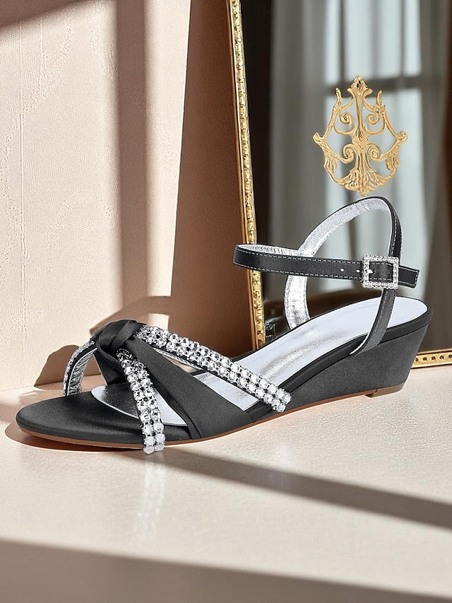 Satin Wedge Sandals Green Women's - Knot Rhinestone