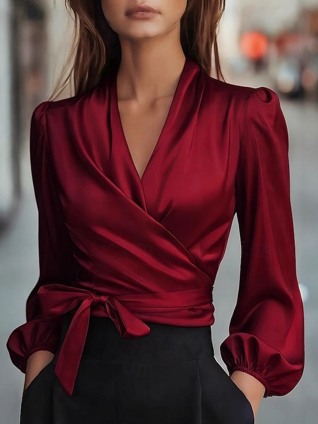 Women's Shirt Elegant Satin Top Blouse Lace up Plain