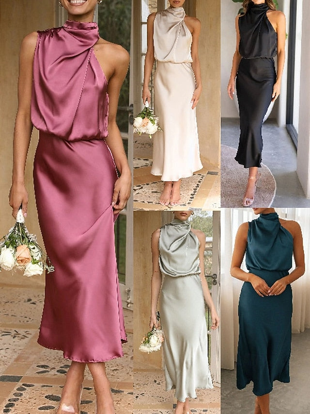 Women's Midi Dress Satin Dress Black Dress Sheath Dress