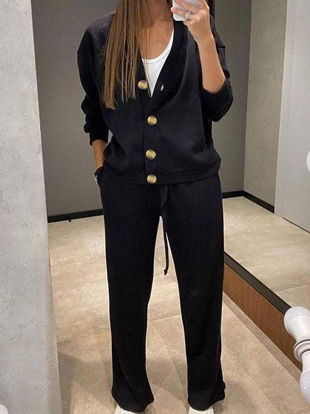 Women's Blouse Pants Sets Long Sleeve V Neck Solid Color