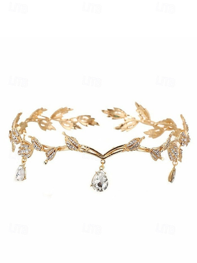 Headpiece – Blue Gemstone with Leaf Drops Vintage Gold