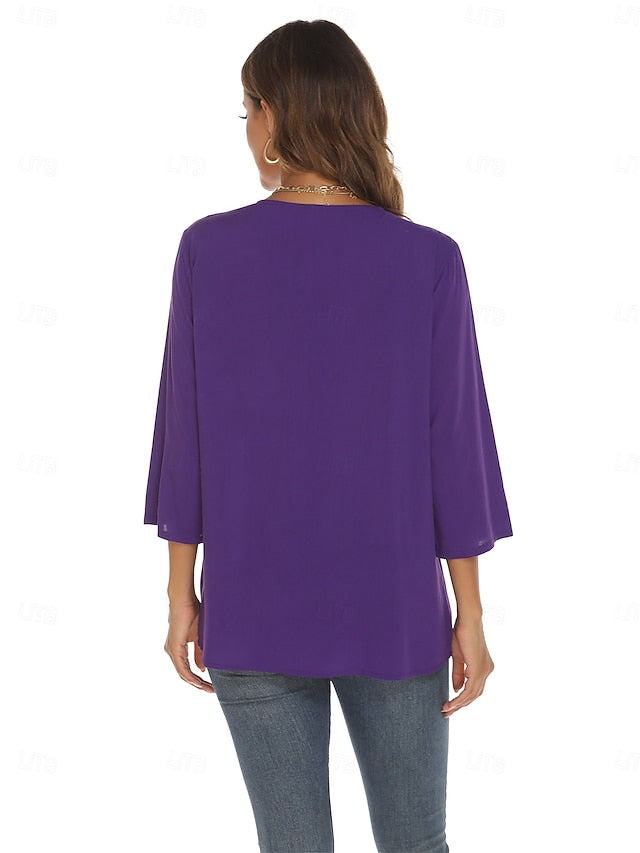 Women's Boho Shirt Embroidered Floral Bohemia Casual 3/4