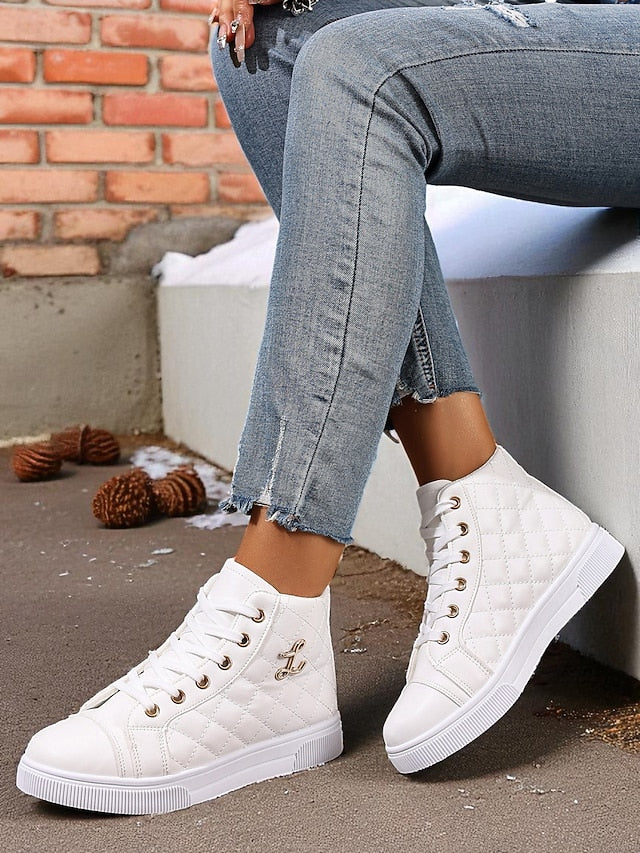 Women's White Quilted High-Top Sneakers, Fashion Lace-Up