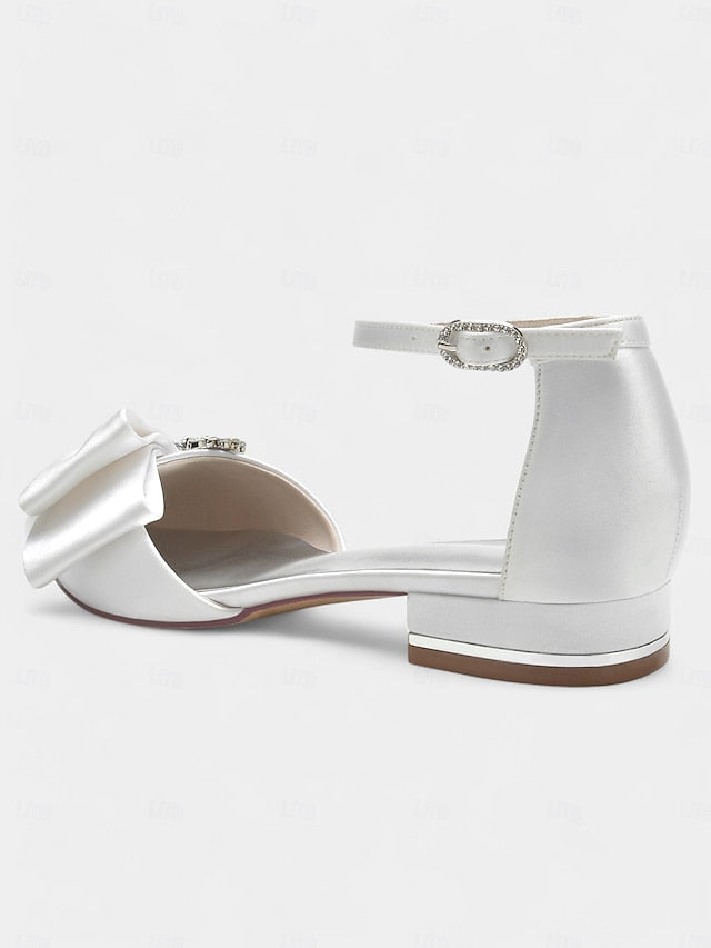 Rhinestone Satin Pointed-Toe Ankle White and Heels with Bow