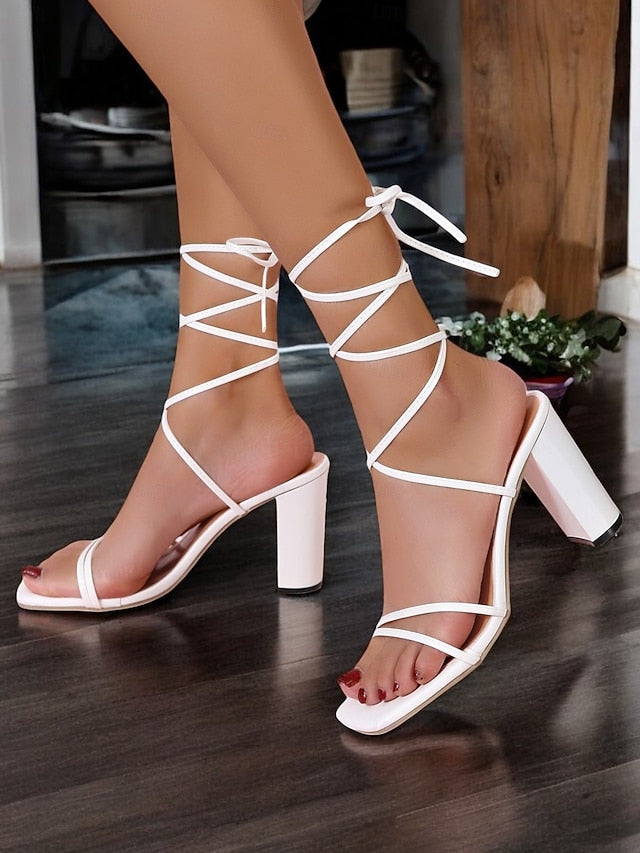 Strappy Lace-Up White Block with Women's Clear Heels Heel