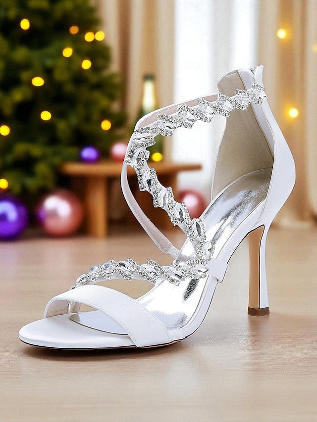 Sandals Rhinestone High Strappy Women's White - Heel