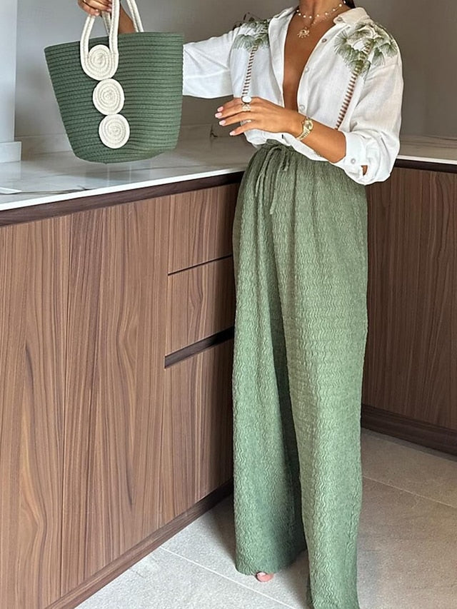 Women's Shirt Linen-Inspired Sets Two Piece Sets Wide Leg