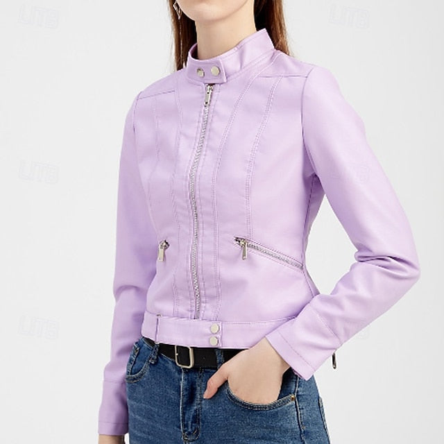 Jacket Pocket Leather Women's Zipper Faux Comfortable