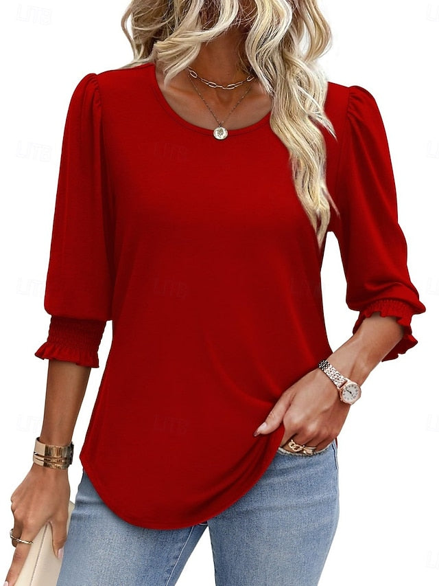 Women's Blouse Solid Color Stylish Casual 3/4 Length Sleeve