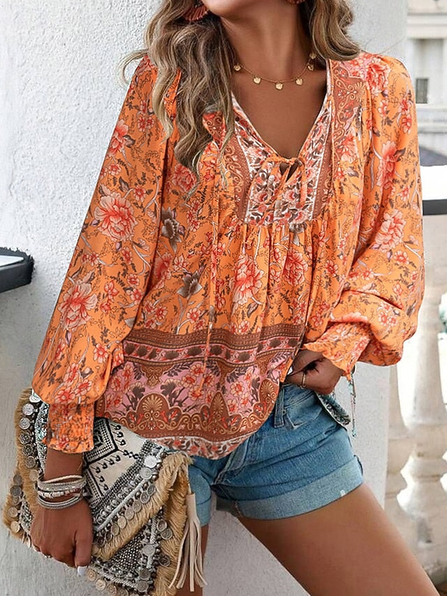 Women's Boho Shirt Blouse Print Flower Modern Boho Long