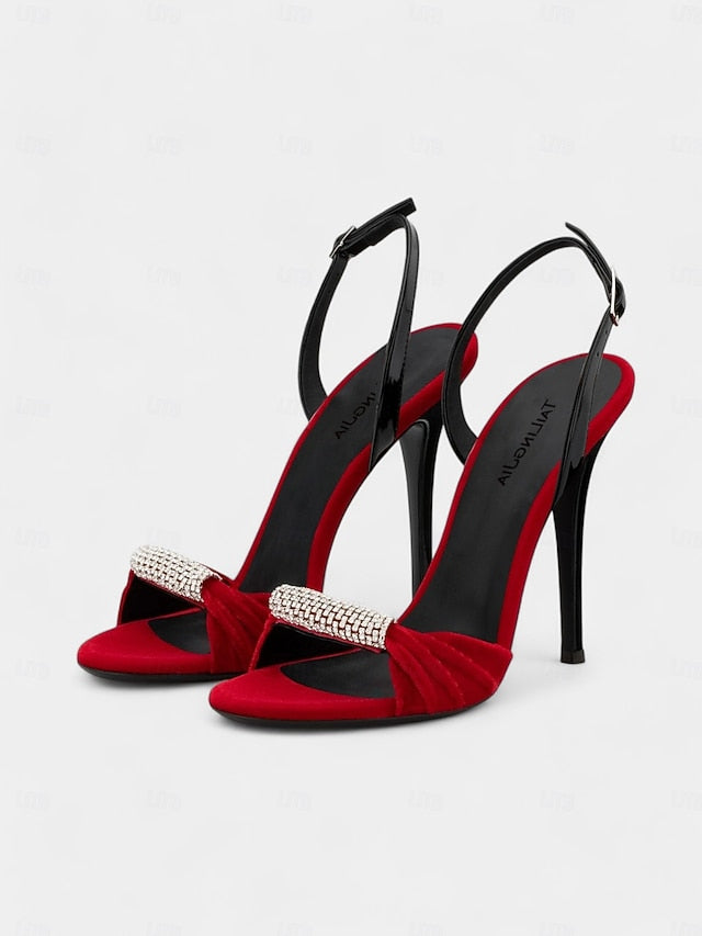 Accent Velvet Stiletto Heels Red Rhinestone with Bold –