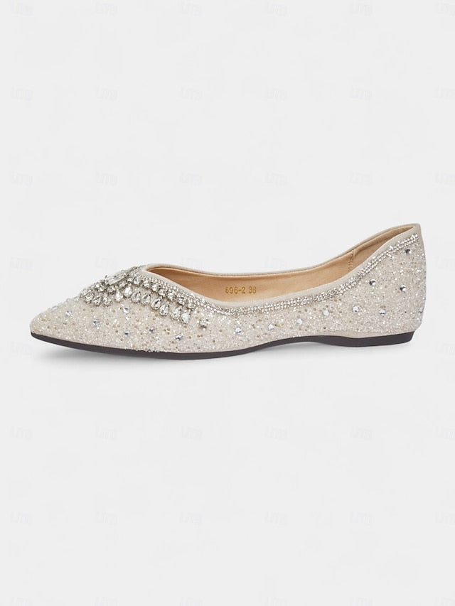 Pointed Toe Flats Silver Women's Glitter with Crystal