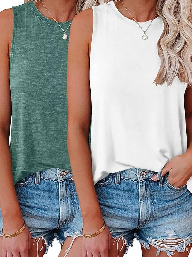 Multi Packs 2pcs Women's Crew Neck Sleeveless Red+Pink Tank