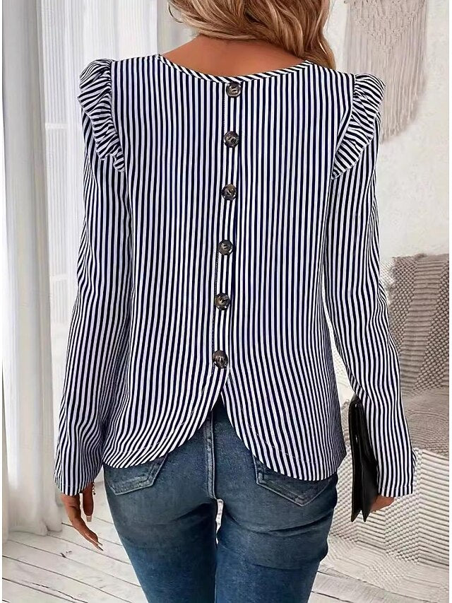 Women's Tunic Ruffle Asymmetric Hem Striped Stylish Long