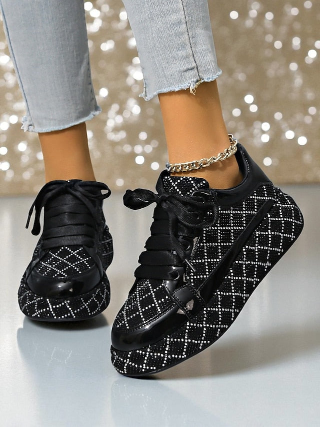 Sneakers - Quilted Black and Women's Silver Rhinestone