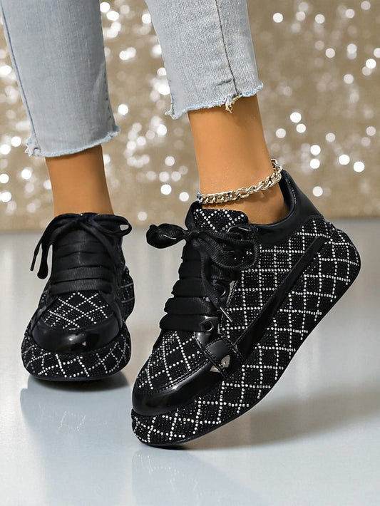Sneakers - Quilted Black and Women's Silver Rhinestone