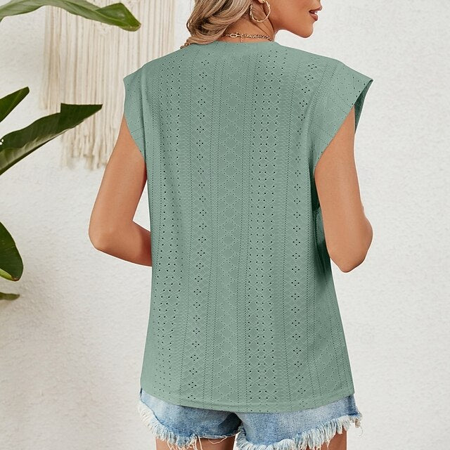 Women's Texture Blouse Eyelet Top Pointelle Tee Tank Top